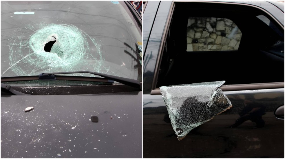 Carro com os vidros destruídos após explosão na Zona Leste — Foto: Leandro Matozo/ TV Globo