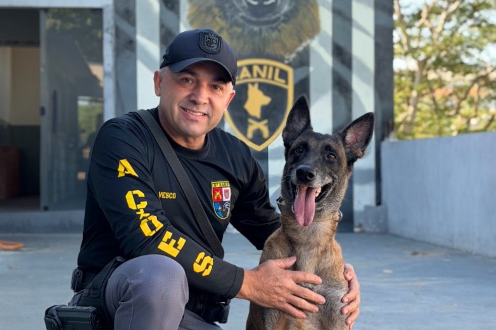 Cabo José Roberto Vesco e cadela Kira estão nos EUA para campeonato mundial — Foto: Cedida/8º Baep
