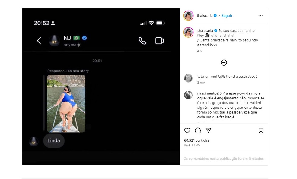 Thais Carla faz trend com Neymar recebe cr&iacute;ticas &mdash; Foto: Reprodu&ccedil;&atilde;o / Redes Sociais