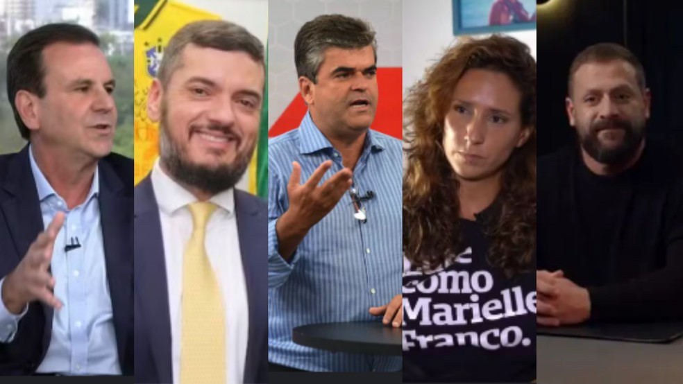 Eduardo Paes (PSD), Rodrigo Bacellar (PL), Washington Reis (MDB), Mônica Benício (PSOL) e Ítalo Marsili (Novo) — Foto: Montagem/g1