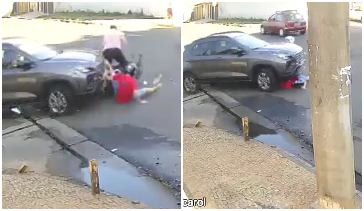 VÍDEO: passageiro de moto fica ferido ao ser atropelado e arrastado por carro no interior de SP