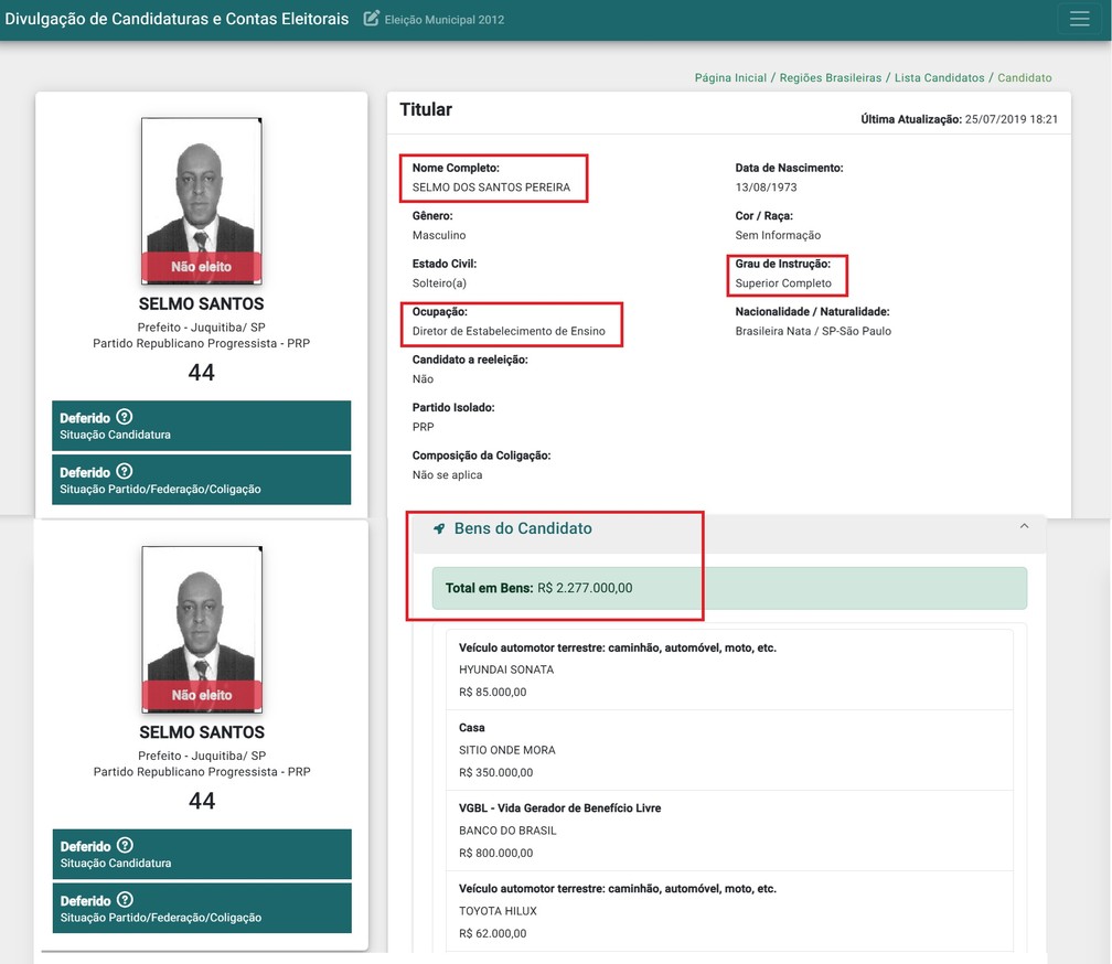 Registro de candidatura a prefeito de Juquitiba por parte de Selmo Santos, pelo partido PRP. Ele teve 44 votos na cidade. &mdash; Foto: Reprodu&ccedil;&atilde;o/TSE