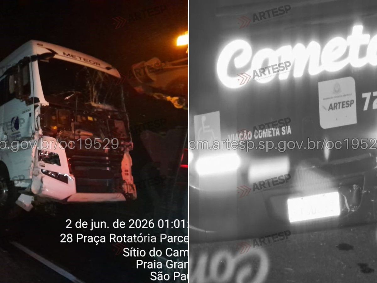 Caminhão bate em ônibus com 27 passageiros na Via Anchieta
