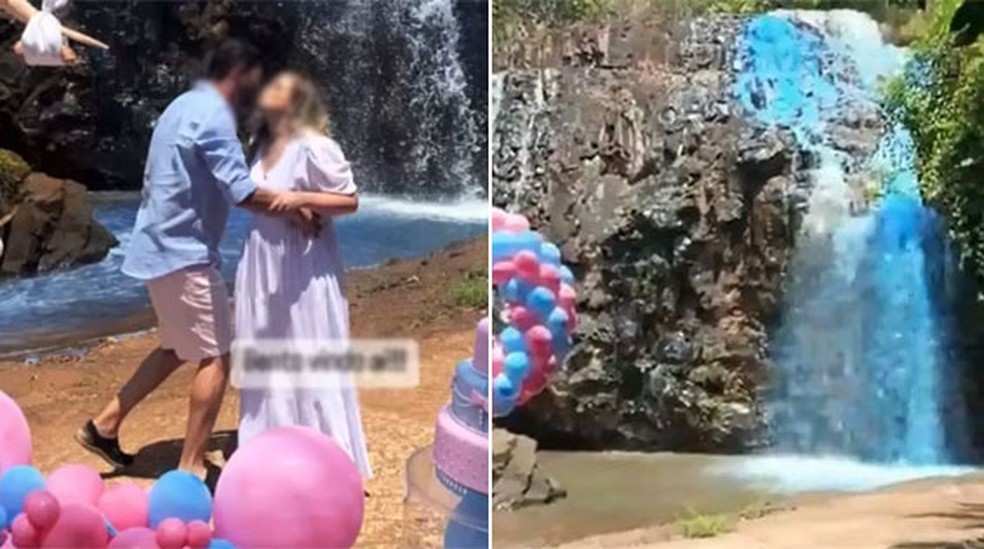 Governo de MT investiga chá revelação que tingiu cachoeira de azul — Foto: Reprodução