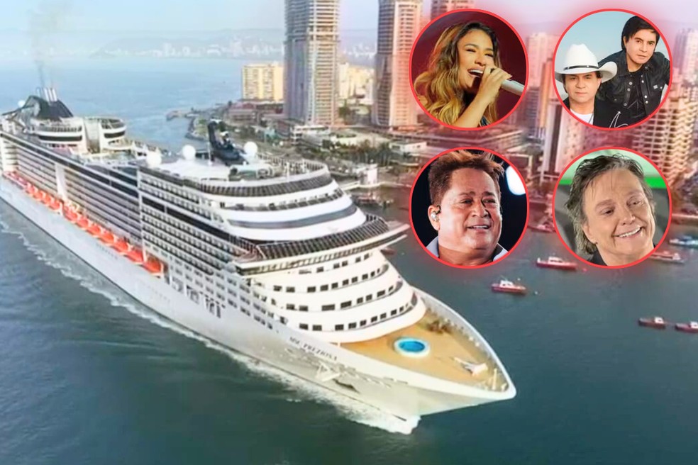 MSC Preziosa terá diversos shows em alto-mar — Foto: Redes sociais; Brunno Rangel/Divulgação; Divulgação; Divulgação