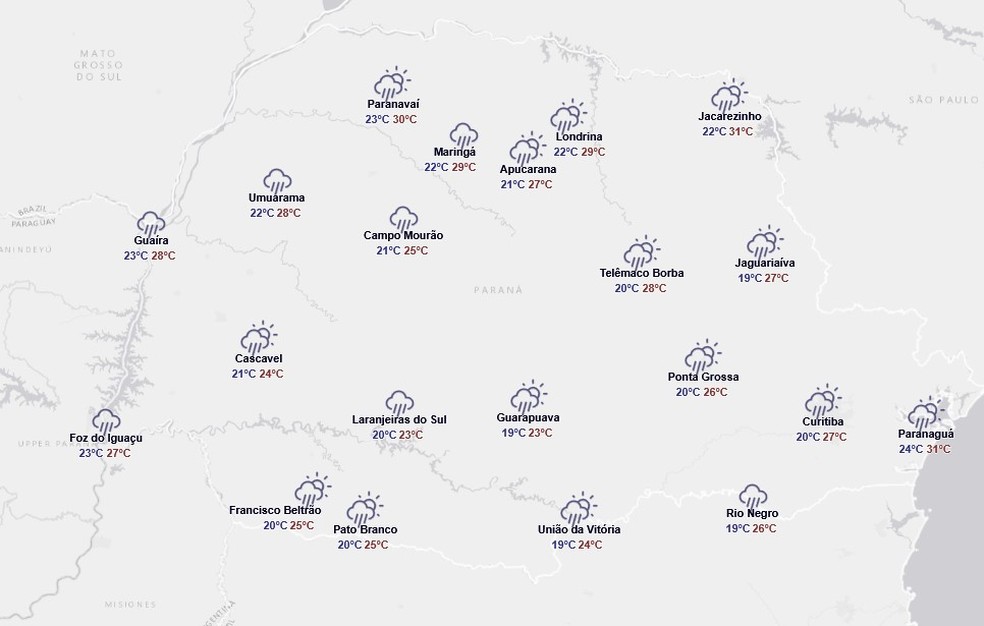 Previsão do tempo para quinta-feira, 1º de janeiro — Foto: Reprodução/Simepar