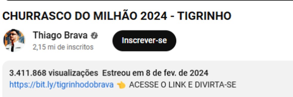 Print de descrição do videoclipe de 'Tigrinho', hit de Thiago Brava e Guerra Neto — Foto: Reprodução
