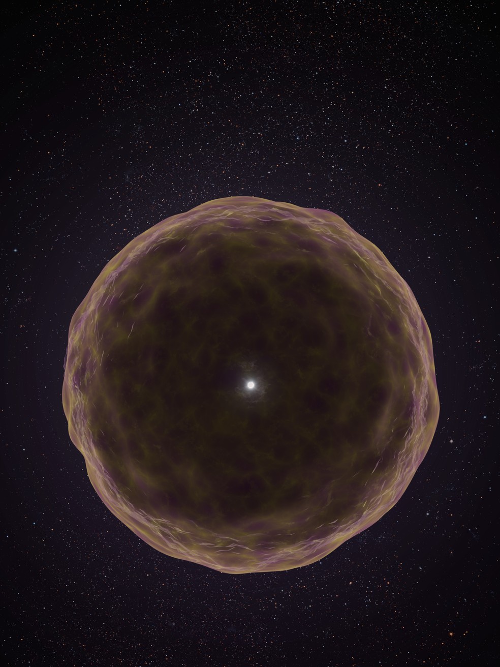 Ilustração artística da supernova SN 2021yfj, que perdeu suas camadas externas antes da explosão e expeliu materiais como silício (cinza), enxofre (amarelo) e argônio (roxo). — Foto: Keck Observatory/Adam Makarenko