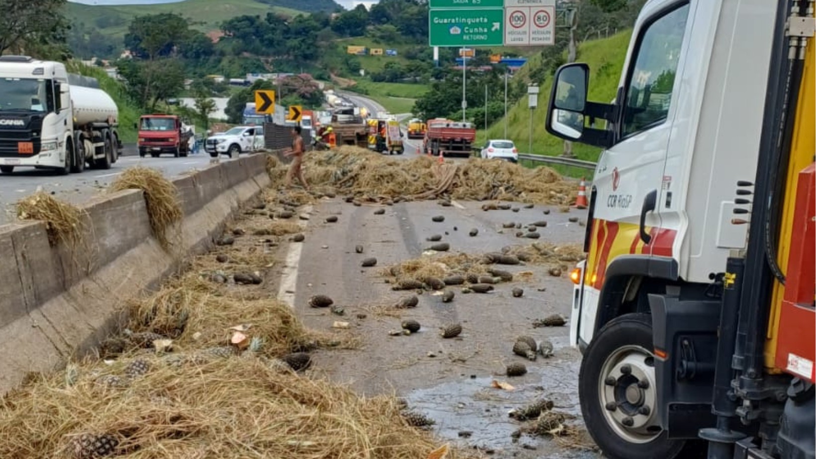 Caminhão carregado de abacaxis bate em mureta, derrama carga e deixa um ferido na Dutra, em Guaratinguetá