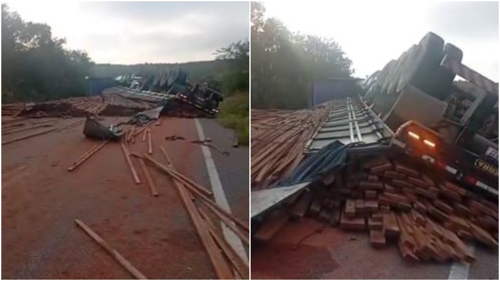 Carreta carregada de madeira tomba e bloqueia rodovia no Ceará; vídeo