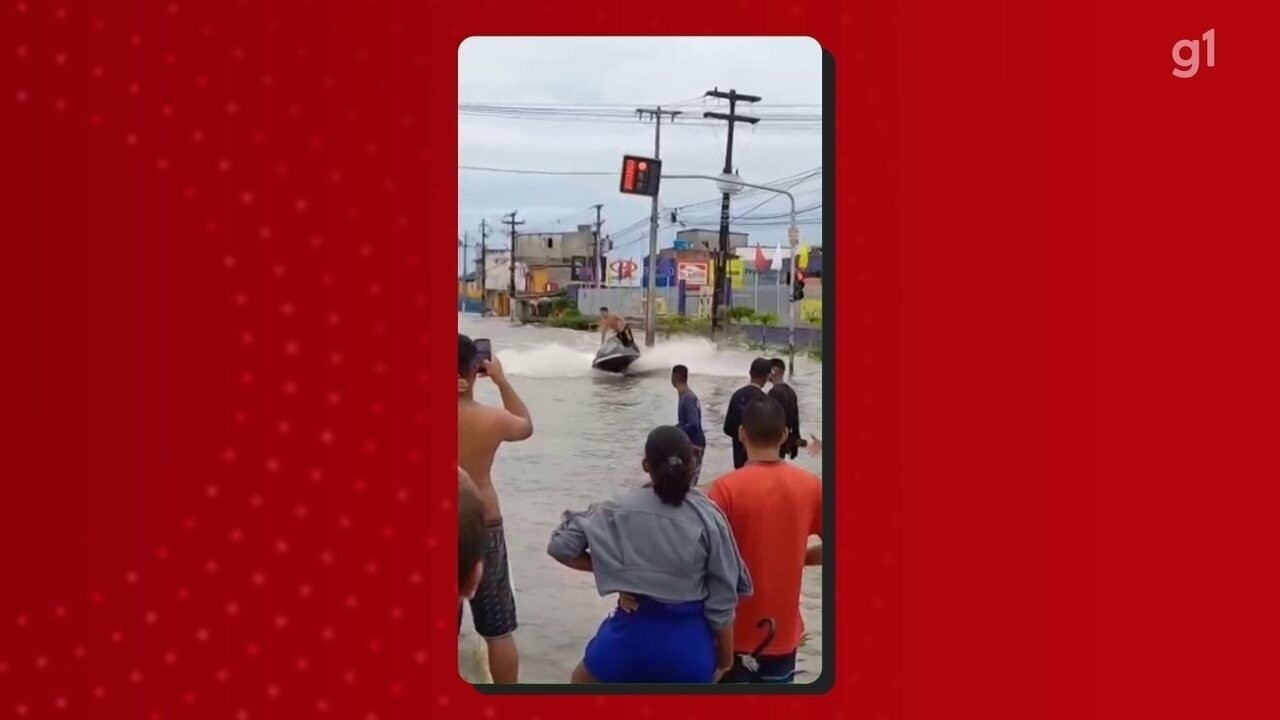 VÍDEO: Homens andam de moto aquática em avenida alagada por forte chuva ...
