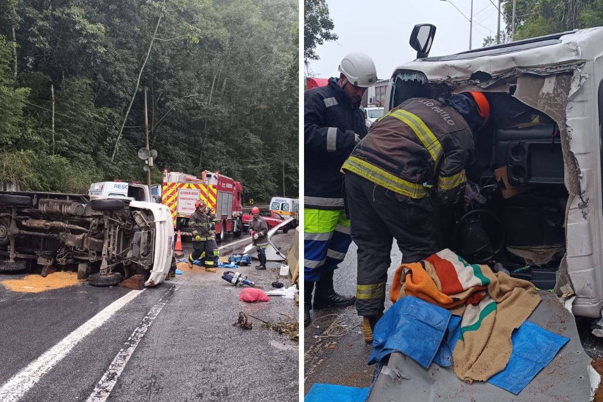 Motorista fica preso às ferragens após caminhão capotar na Rodovia dos Tamoios, em Caraguatatuba