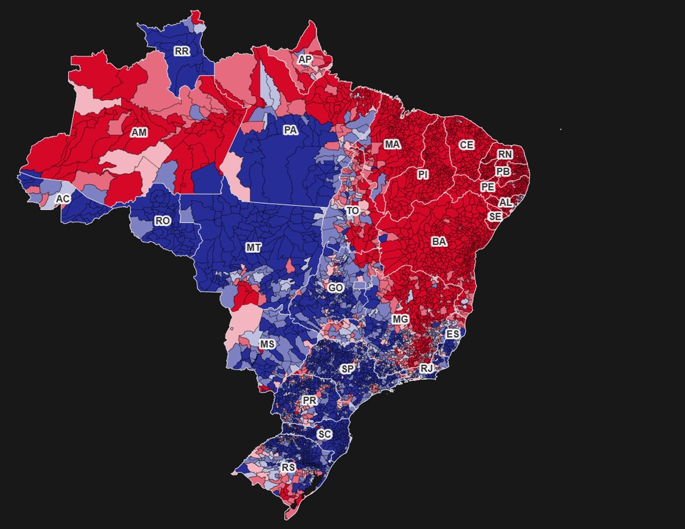 Mapa da apura��o com 100% dos votos apurados. � Foto: Reprodu��o/g1