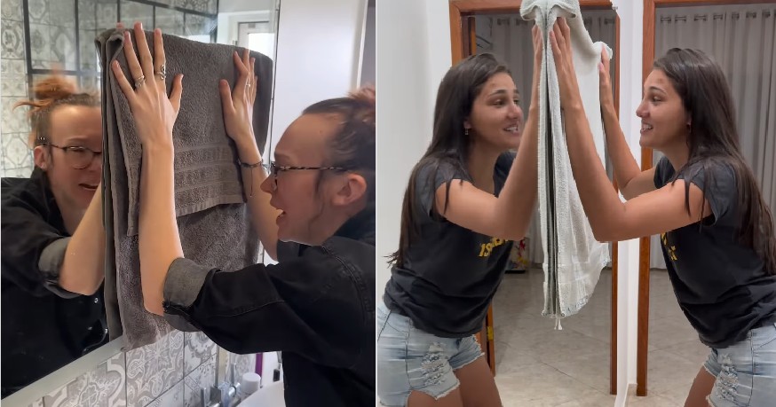 Como espelho 'vê' mulher que está coberta por toalha? Entenda mistério que viralizou nas redes