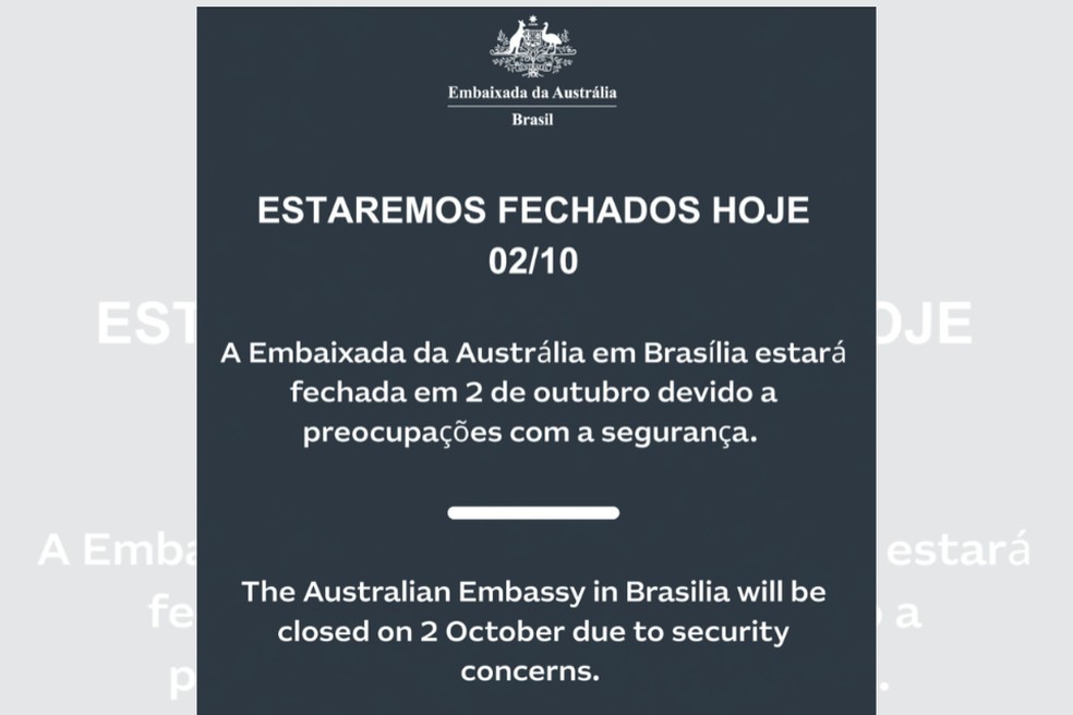 Comunicado Embaixada da Austrália — Foto: Reprodução/Redes Sociais