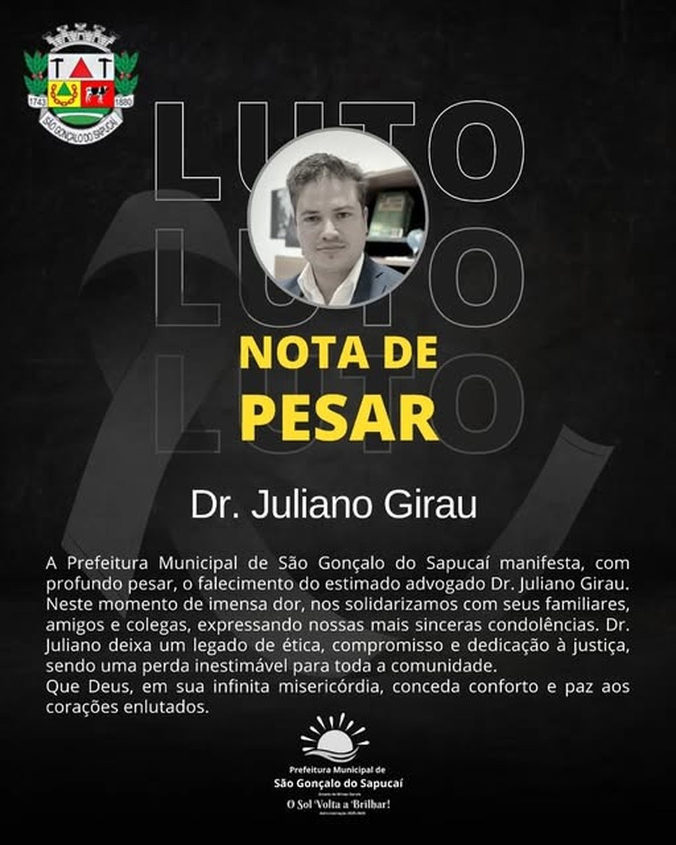 Prefeitura de São Gonçalo do Sapucaí (MG) lamenta morte de advogado em assalto. — Foto: Reprodução