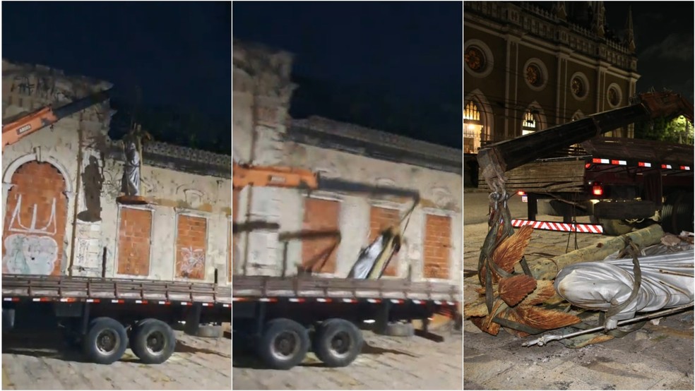 Imagem da Sagrada Família, em Fortaleza, caiu em meio a remoção por guincho. — Foto: Kid Junior/ SVM