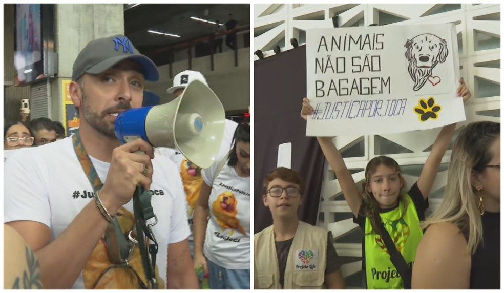 João Fantazzini Júnior, tutor do cão Joca, discursa no ato deste domingo (28) no Aeroporto de Cumbica, em Guarulhos. — Foto: Reprodução/TV Globo