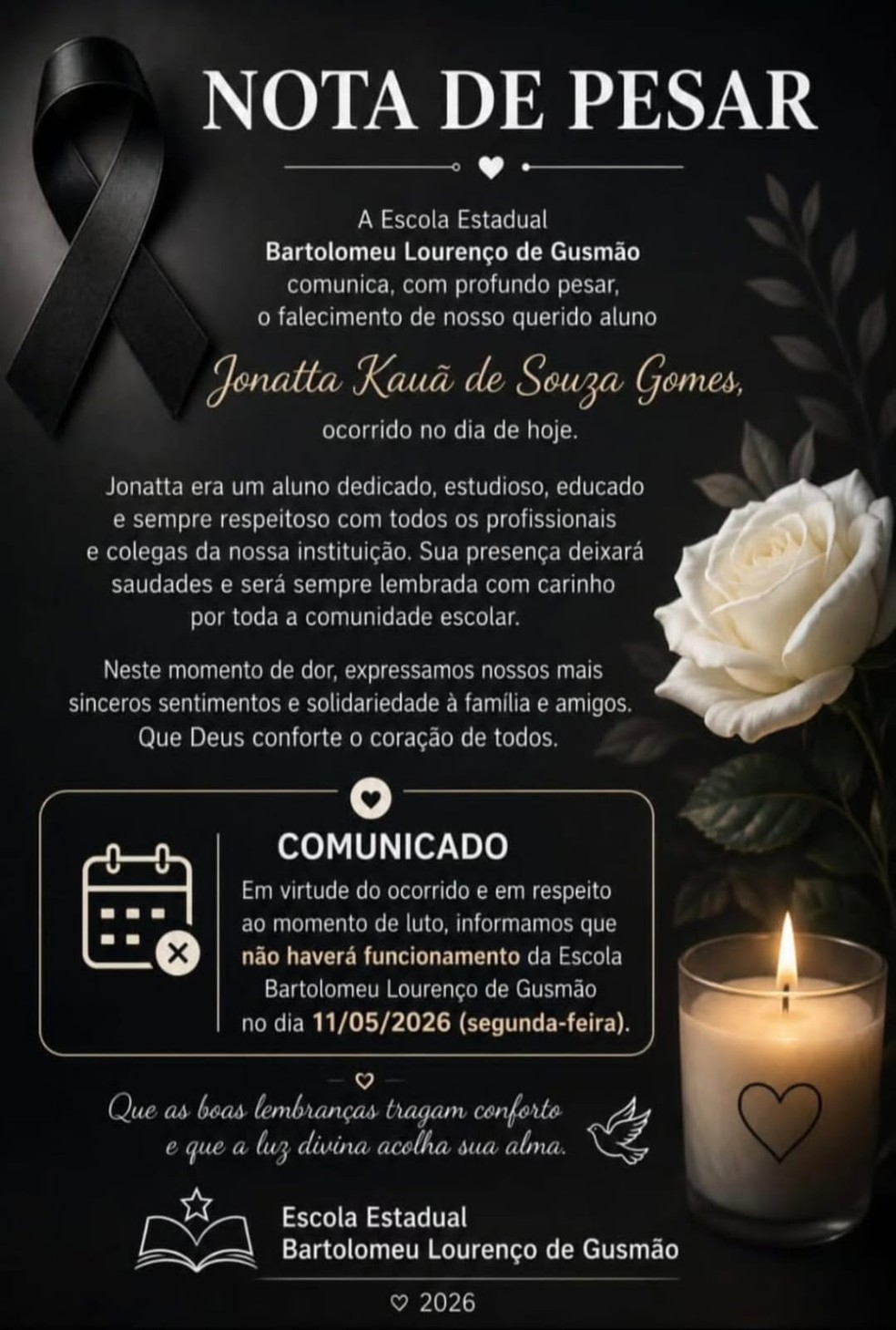 Nota da escola de Jonatta Kauã — Foto: Escola Estadual Bartolomeu Lourenço de Gusmão