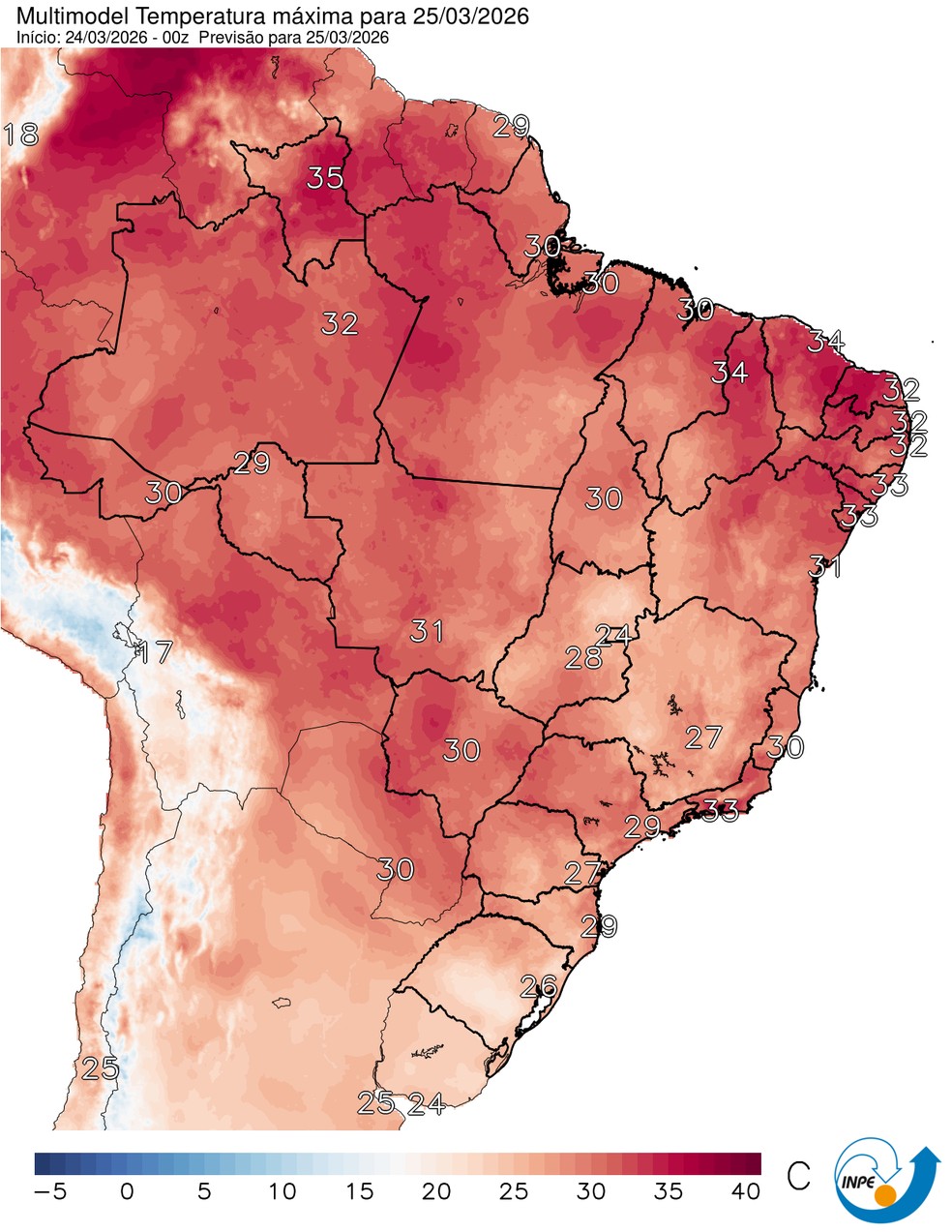 Mapa mostra previsão de temperatura máxima para esta quarta (25). — Foto: CPTEC/Inpe