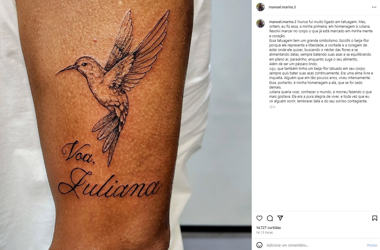 Pai de Juliana Marins faz tatuagem com desenho de beija-flor em homenagem à filha: ‘Voa, Juliana’