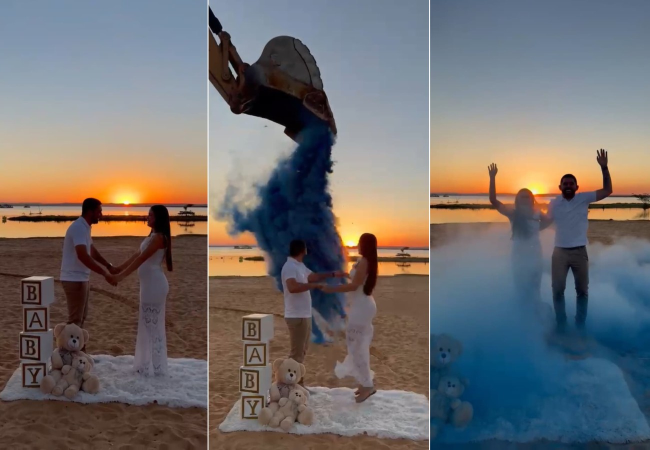Casal inova e usa retroescavadeira para revelar sexo de bebê em praia de Palmas; VÍDEO