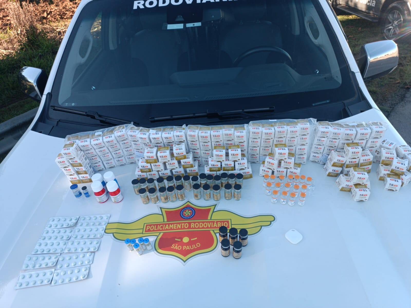 Polícia apreende remédios emagrecedores e anabolizantes em ônibus na Rodovia Cornélio Pires em Saltinho 
