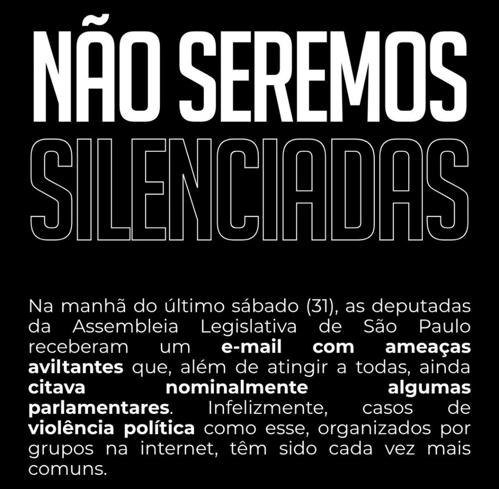 Deputadas estaduais de SP foram ameaçadas por e-mail — Foto: Reprodução/Instagram