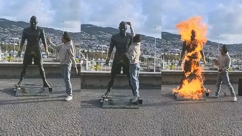 Homem ateia fogo em estátua do Cristiano Ronaldo em Funchal, na ilha da Madeira, em 20 de janeiro de 2026. — Foto: Reprodução/redes sociais