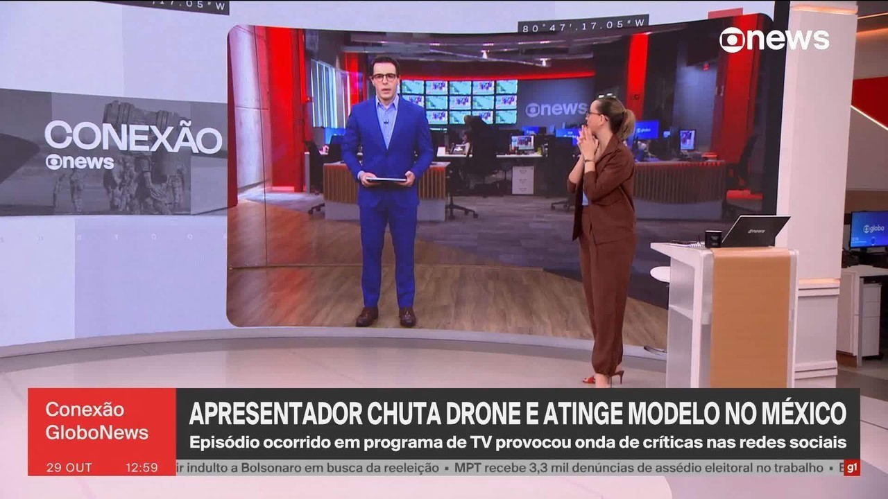 VÍDEO: apresentador de TV chuta drone no rosto de modelo durante programa ao vivo no México