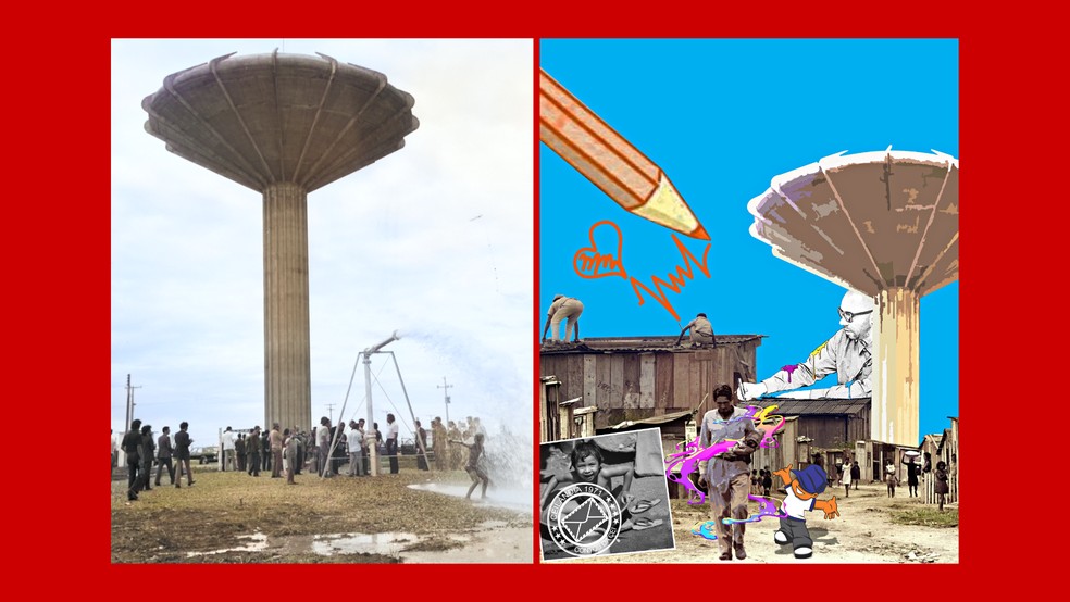 À esquerda foto original da caixa d'água da Ceilândia e à direita obra do artista Elom — Foto: Elom/Reprodução