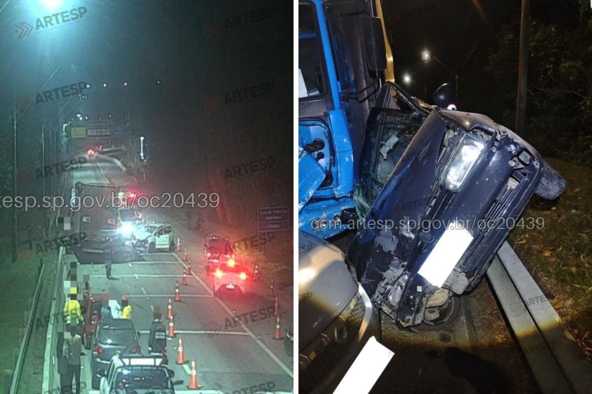 Engavetamento entre caminhão e oito carros deixa um ferido na Rodovia dos Tamoios, em Paraibuna