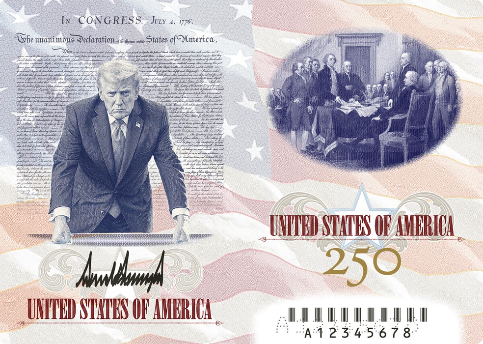 Representação do passaporte comemorativo dos 250 anos dos EUA publicada por Donald Trump na Truth Social, com imagem do presidente sobre a Mesa Resolute e a Declaração de Independência ao fundo — Foto: Reprodução/Truth Social