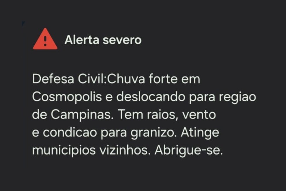 Defesa Civil emitiu alerta severo para a região de Cosmópolis, indicando risco de tempestades com raios, ventos fortes e possibilidade de granizo. — Foto: Arquivo pessoal