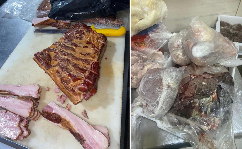 Bacon e carne bovina estão entre os alimentos estragados apreendidos pelo Procon em pizzaria de Maceió — Foto: VISA Maceió