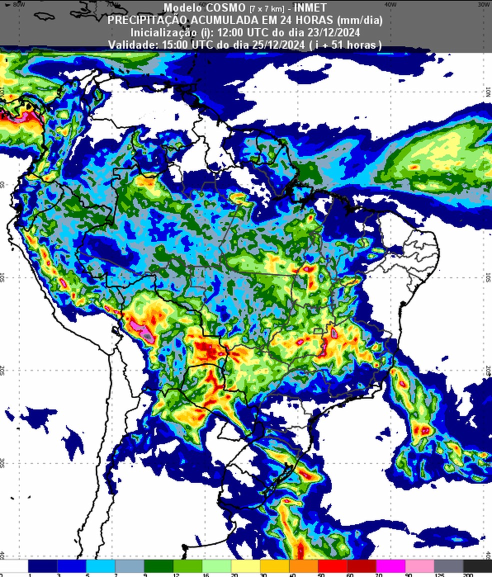 Boa parte do país deve ter chuva no dia de Natal. — Foto: Inmet