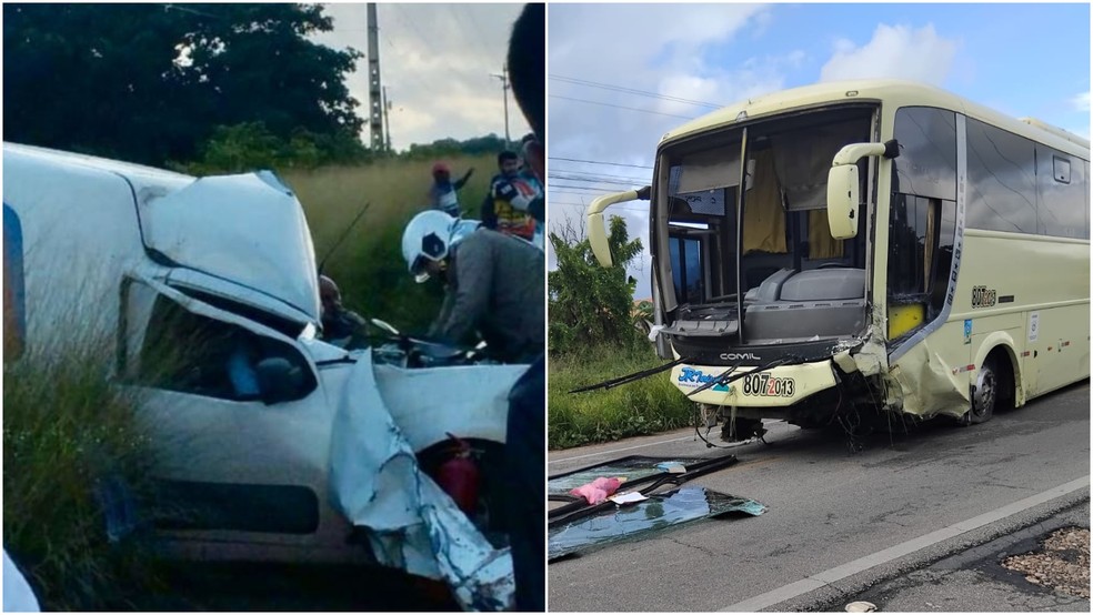 Motorista fica preso às ferragens após colisão com ônibus de turismo na rodovia CE-253, em Pacajus. — Foto: Arquivo pessoal