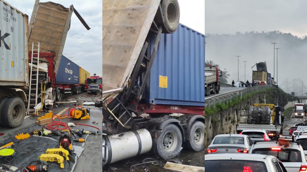 VÍDEO: Acidente entre caminhões e caminhonete deixa feridos e bloqueia BR-470 em SC