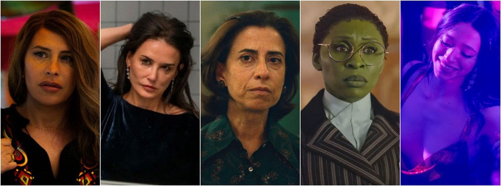 Karla Sof&iacute;a Gasc&oacute;n ('Emilia P&eacute;rez'), Demi Moore ('A subst&acirc;ncia'), Fernanda Torres ('Ainda estou aqui'), Cynthia Erivo ('Wicked') e Mikey Madison ('Anora') concorrem ao Oscar de melhor atriz &mdash; Foto: Divulga&ccedil;&atilde;o