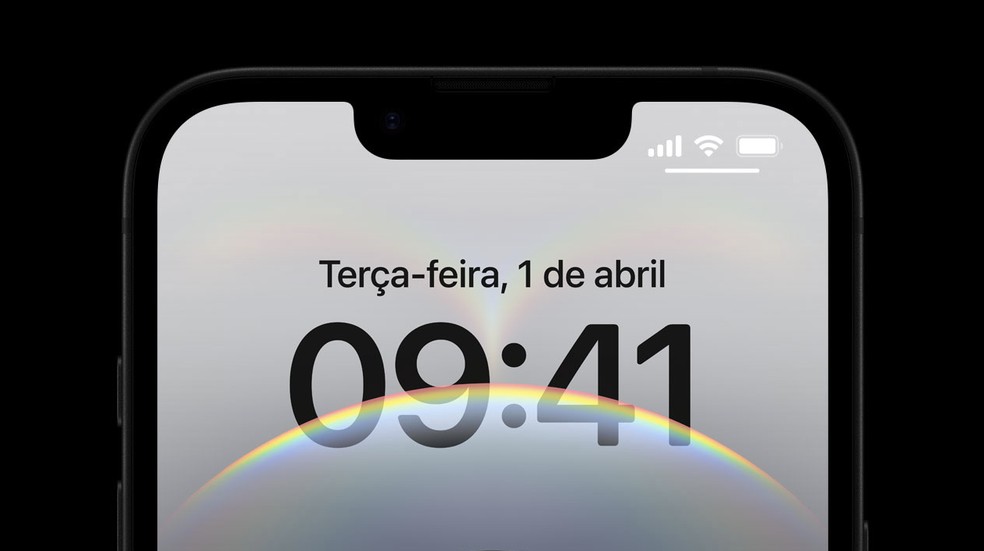 Topo da tela do iPhone 16e, com a "franja" que esconde a cmera de selfies   igual ao do iPhone 13  Foto: Apple/Reproduo