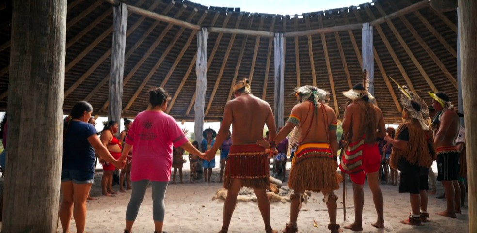 Aldeia mãe Barra Velha, em Caraíva, na Bahia — Foto: Reprodução/Globoplay