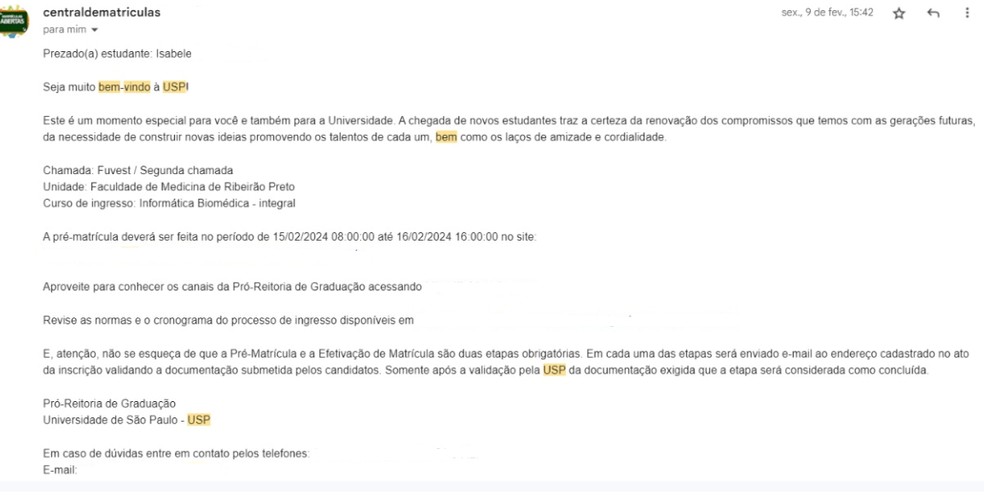 Estudante chegou a receber e-mail de confirmação de aprovação na segunda chamada da USP em Ribeirão Preto (SP) — Foto: Arquivo pessoal