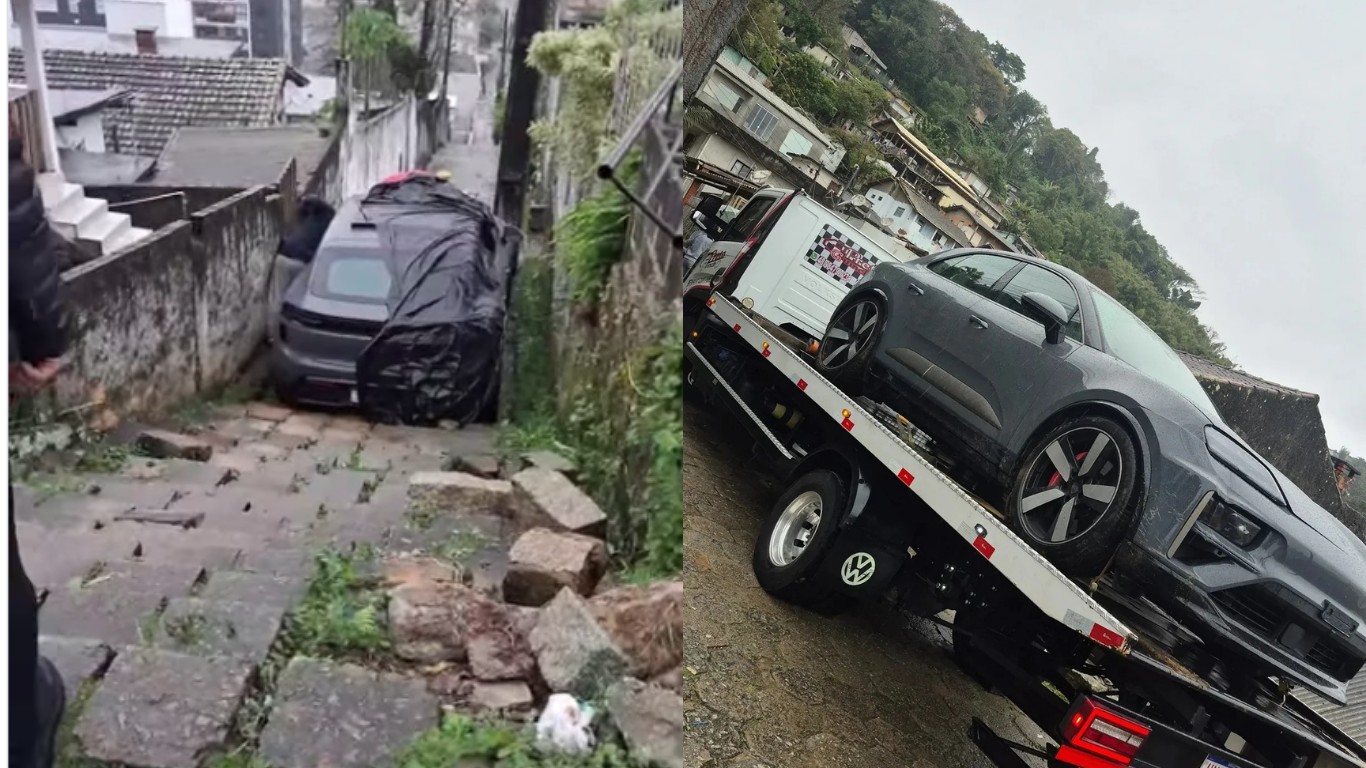 Porsche fica preso em escadaria e motorista some após abandonar carro de luxo em Florianópolis