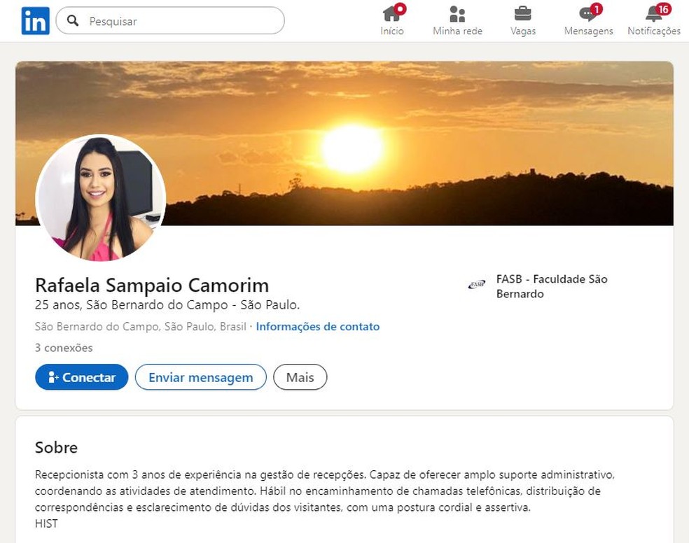 Linkedin de Rafaela Sampaio Camorim informa que ela se apresenta como recepcionista, formada em pedagogia — Foto: Reprodução