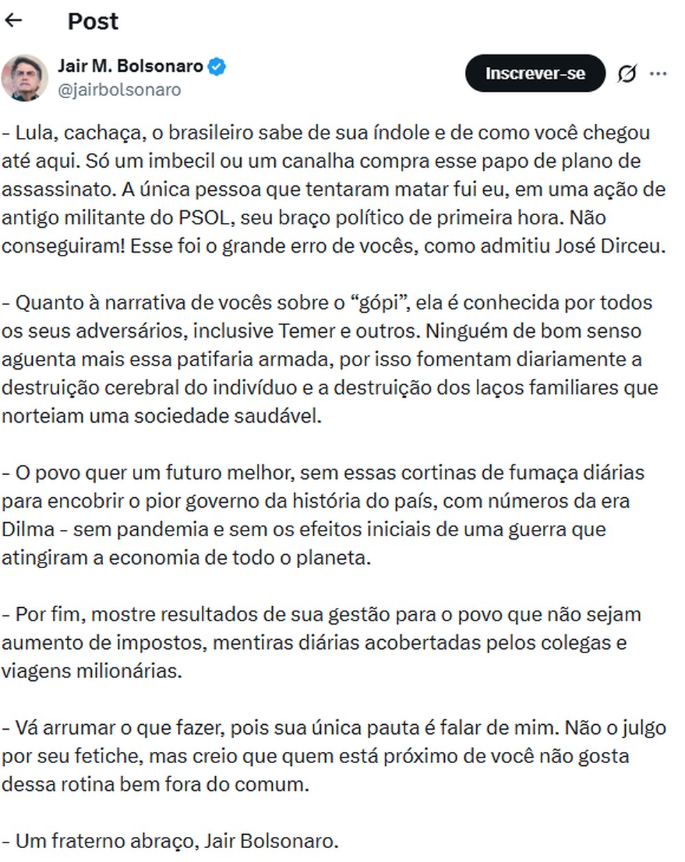 Tweet de Jair Bolsonaro citado no processo — Foto: X / Jair Bolsonaro