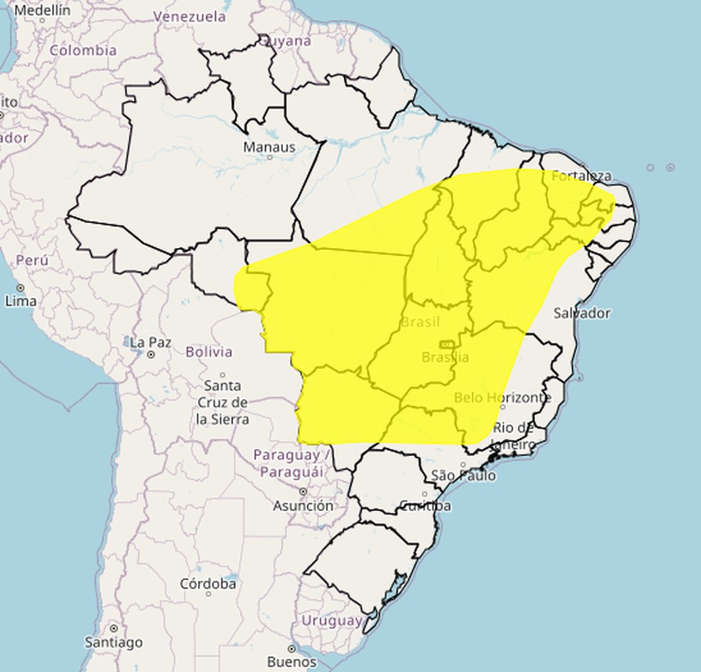 Áreas em amarelo no mapa devem ser as mais afetadas pelos baixos índices de umidade. — Foto: Inmet