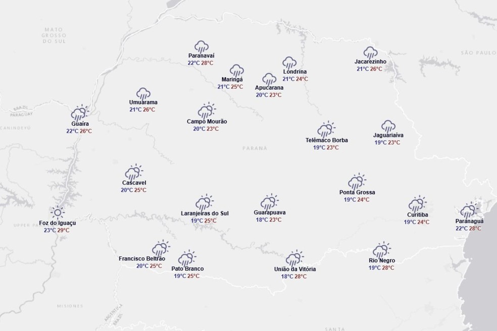 Previsão do tempo para domingo (14). — Foto: Reprodução/Simepar