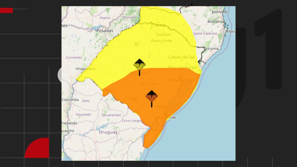 Aviso de tempestade para quinta-feira (27) no RS — Foto: Divulgação/ Inmet