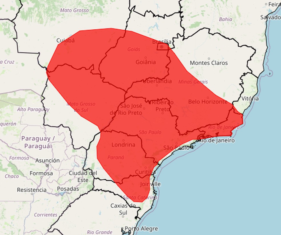 Área vermelha no mapa deve ser a mais atingida pela onda de calor. — Foto: Inmet