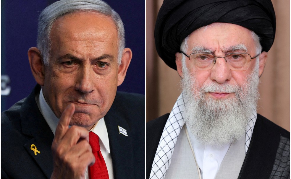 Montagem mostra Benjamin Netanyahu, primeiro-ministro de Israel, e o aiatolá Ali Khamenei, líder supremo do Irã. — Foto: Ronen Zvulun/Reuters; Gabinete do Líder Supremo do Irã/WANA (Agência de notícias do Oeste Asiático)/Divulgação via Reuters
